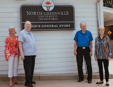 North Greenville University renamed the historic Tigerville General Store to Wood's General Store at a dedication ceremony. Left to right: Helen Wood, Willie Wood, Bobby Wood, and Laura Messer Wood.
 
 