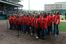The Brushy Creek Elementary School choir sang the National Anthem attonight's Greenville Drive game at Fluor Field. The Drive beat theCharleston RiverDogs 8-4. (Photo courtesy Greenville Drive/Billy Crowe.)