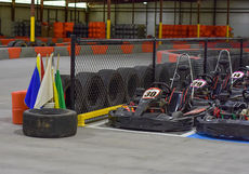 The kart protective barrier system is protected by Goodyear racing tires from the Jeremy Clements racing team.
 