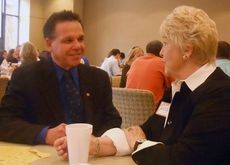 Nancy Welch and Dr. George Blestel revisited the First Friday luncheon one year after Welch announced being diagnosed with colorectal cancer. March is National Colorectal Cancer Awareness Month.