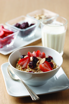 Hearty Oatmeal with Strawberries, Dried Cherries and Almonds