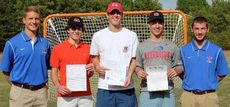 Tristan Lawrence, Jake Berta and Richard DeMatos are flanked by their coaches. The three signed to attend North Greenville University and play for the inaugural men's lacrosse team in 2014-2015.
 