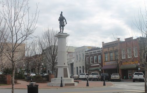 The view from the Citizens and Southern National Bank Building to Morgan Square with the statue of General Daniel Morgan.