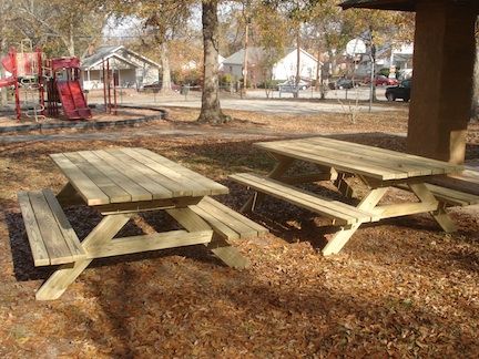 The two picnic tables built at Greentown Park will serve the neighborhood and their families for gatherings. Before Charles Williams' Eagle Scout project there was only one small picnic table to serve the community.