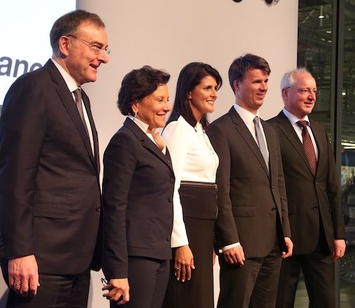 The $1 billion investment will mean 800 more jobs, 450,000 capacity a year by 2016 and production of the X4 begins for July exports. The X7 SAV is a high-end vehicle of the future. Left to right: Norbert Reithofer, chairman of the board for BMW Group,  U.S. Secretary of Commerce, Penny Pritzker, South Carolina Governor, Nikki Haley, Nikki Haley, BMW Group Board member for Production, Harald Krüger, and President of BMW Manufacturing in Greer, Manfred Erlacher.
 
 
 