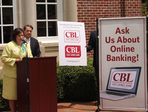 Jennifer Jones, President and CEO of CBL State Savings Bank, announces the new branding with former CBL President/CEO Tommy Johnson.
 