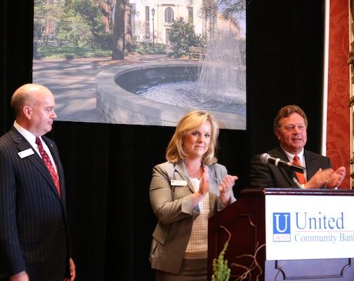 United Community Bank held a reception at the Poinsett Club Wednesday evening to introduce its Greenville team. Left to right, Lynn Harton, chief operating officer, Michelle Seaver, Greenville president, and Jimmy Tallent, president and CEO.