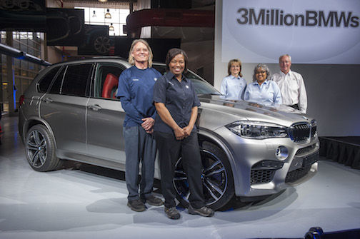 BMW celebrated its three millionth vehicle to roll off Greer's assembly line. The vehicle, a Donington Grey Metallic X5 M with Mugello Red Full Merino leather seats and carbon fiber interior trim, was driven by Dawn Burgess, hired in 1994. Left to right are associates Thomas Watson, Pamela Shaw, Burgess, Shirley Scott and President and CEO, Manfred Erlacher.
 
 