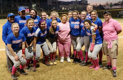 Riverside softball players and coaches teamed up for the fight against breast cancer Wednesday night.
 