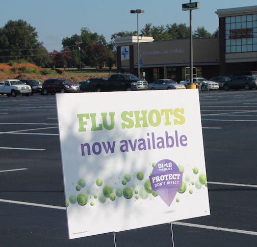 Flu shots signage outside of BI-LO located next door to Immediate Care-Pelham. BI-LO is partnering with ICC-Pelham with administering flu shots.
 
 
 