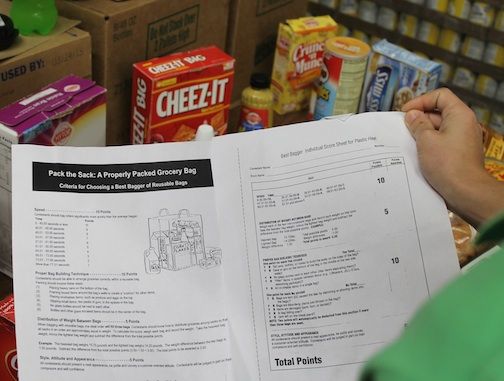 The National Grocers Association has a manual of rules and scoring for baggers in the competition.
 