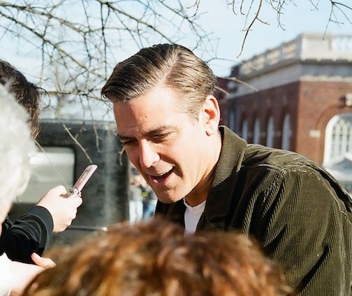 George Clooney drew crowds of female admirers while walking from different sets in downtown Greer.
 