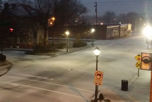 Ice and then snow virtually closed down downtown Greer.
 