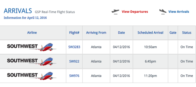 Southwest Airlines arrival times from Atlanta to GSP beginning Tuesday.
 