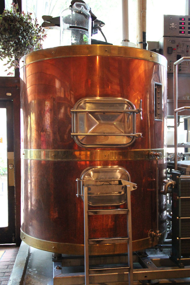 The mash tun is made of copper and came from the Czech Republic.
