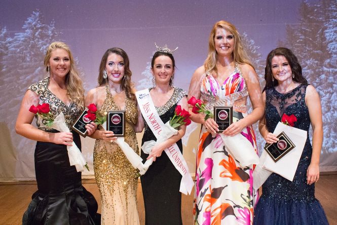 Left to right: Rachel Huber, third runner-up, Celina Schwartz, second runner-up, Miss North Greenville University 2017 Valerie Bostick, Sommer Cagle, first runner-up, and Ashley Campbell, fourth runner-up. 
 