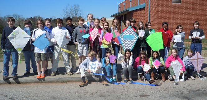 Students in Hale Edwards’ 7th grade Social Studies classes, and Teryn Traynham’s French 1 class flew kites on the first day of spring. It was part of Holocaust Remembrance and honoring Dr. Janusz Korczak, a children’s author and pediatrician.