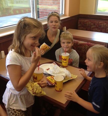 It was family time at Bojangles' at Buncombe today. Children were invited, with other customers, to spin a wheel trying to land on a space offering prizes.
 
 