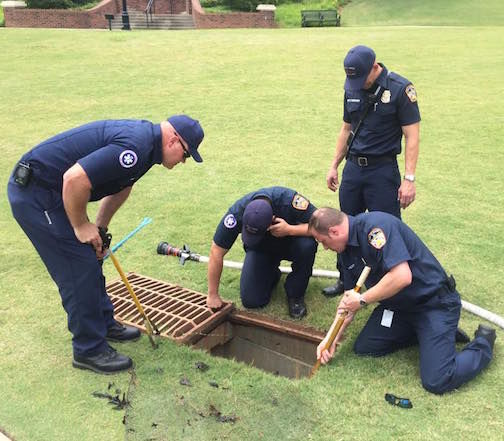 The Greer Fire Department rescued 12 baby ducklings from this overflow drain at the city pond.
 